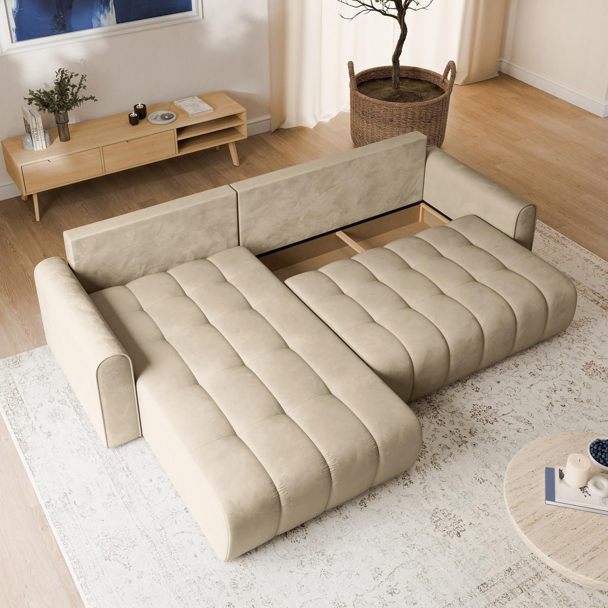 ECKSOFA FRIGA Creme Velours-Stoff mit Schlaffunktion - Creme, Holz (283/185cm) - MASSENO