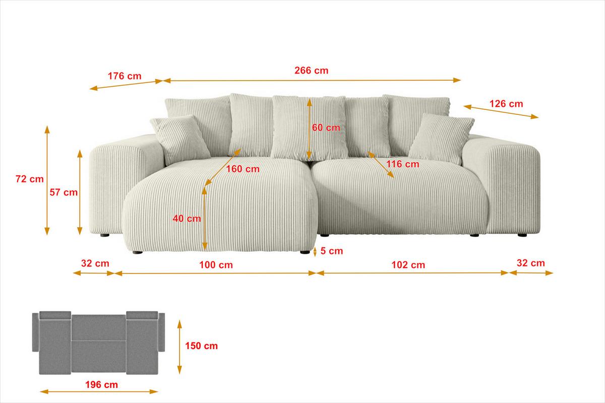 ECKSOFA Ottomane rechts ESKAR-L 266x176x72 Creme Cord - Ecru/Creme, Holzwerkstoff/Kunststoff (176/266cm) - ALTDECOR