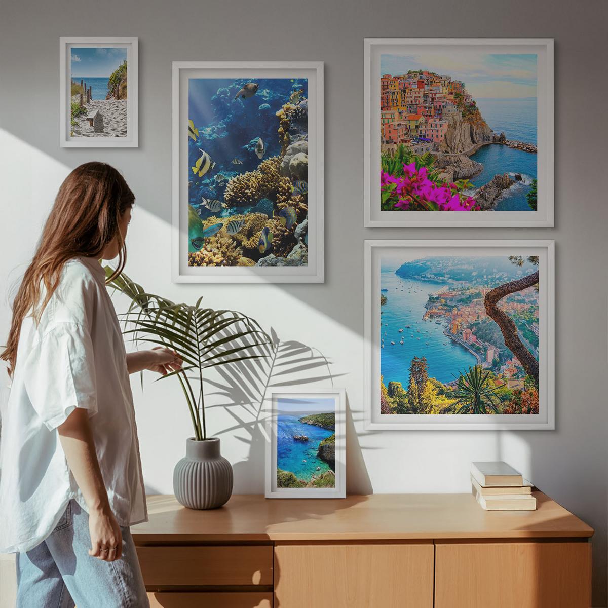 BILDER SET 5er Set - 50x50 cm & 20x30 cm & 40x60 cm Weißer Rahmen - Berglandschaften im Hintergrund - Weiß, Kunststoff (40/60cm) - TULUP