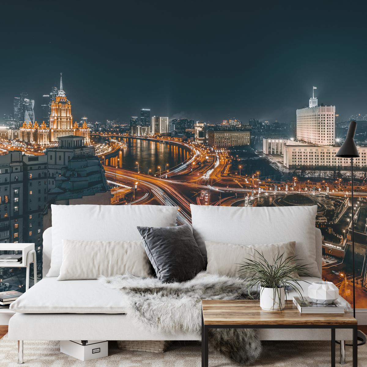 FOTOTAPETE für Wohnzimmer Moskau Nacht Panorama Metropole Straßen 100x70 - Beige/Schwarz, Papier (100/70cm) - Muralo