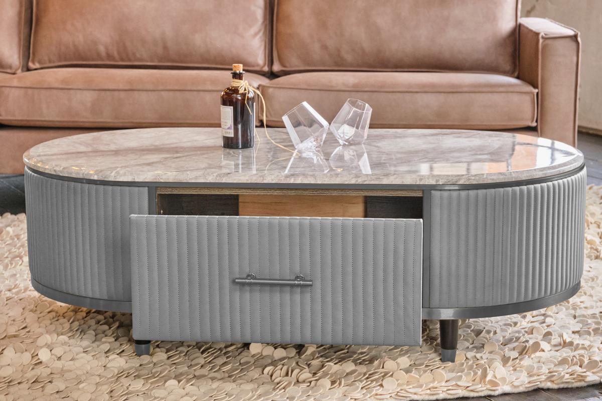 COUCHTISCH MARIA Grau Kunstleder, Marmor - Schwarz/Grau, Textil/Metall (70/130/45cm) - KAWOLA