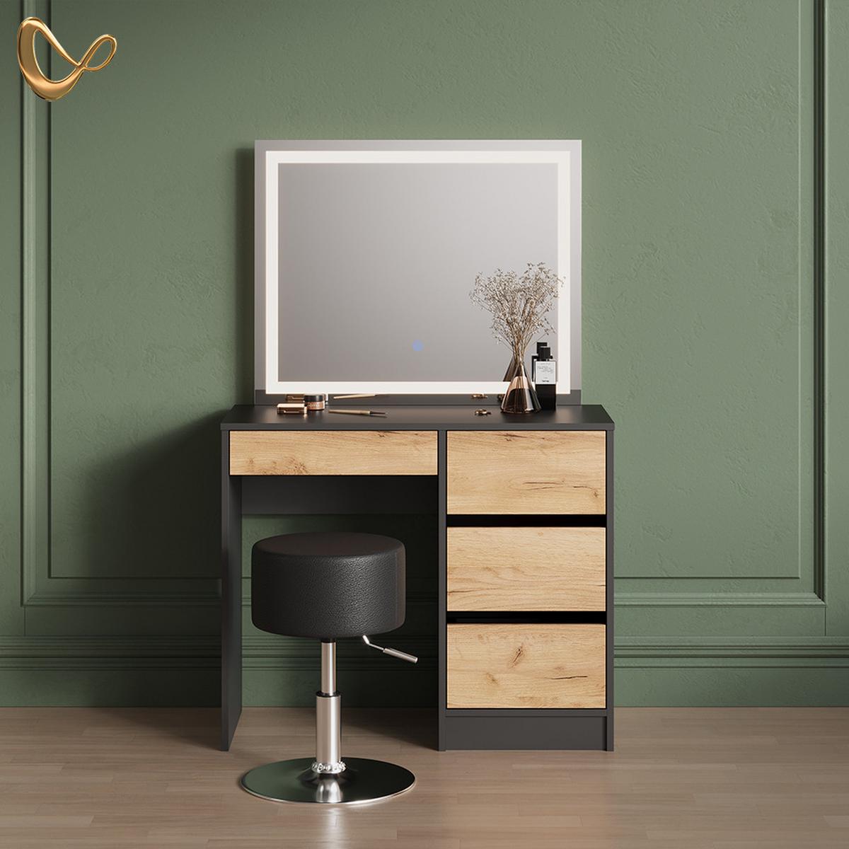 SCHMINKTISCH Imola Anthrazit/Goldkraft Eiche mit LED-Spiegel und Hocker - Honigeiche/Anthrazit, Holzwerkstoff (90/75/55cm) - Livinity®