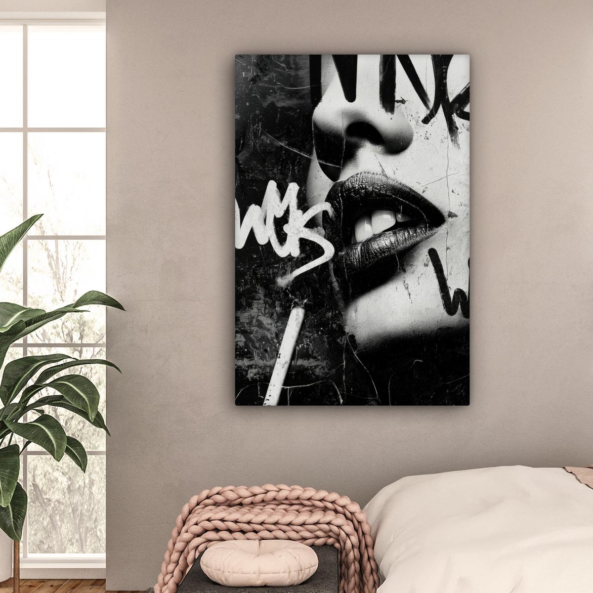 LEINWANDBILD Gesicht - Mund - Graffiti - Schwarz Deko Groß 90x140 cm - Schwarz, Textil (90/140cm) - MuchoWow