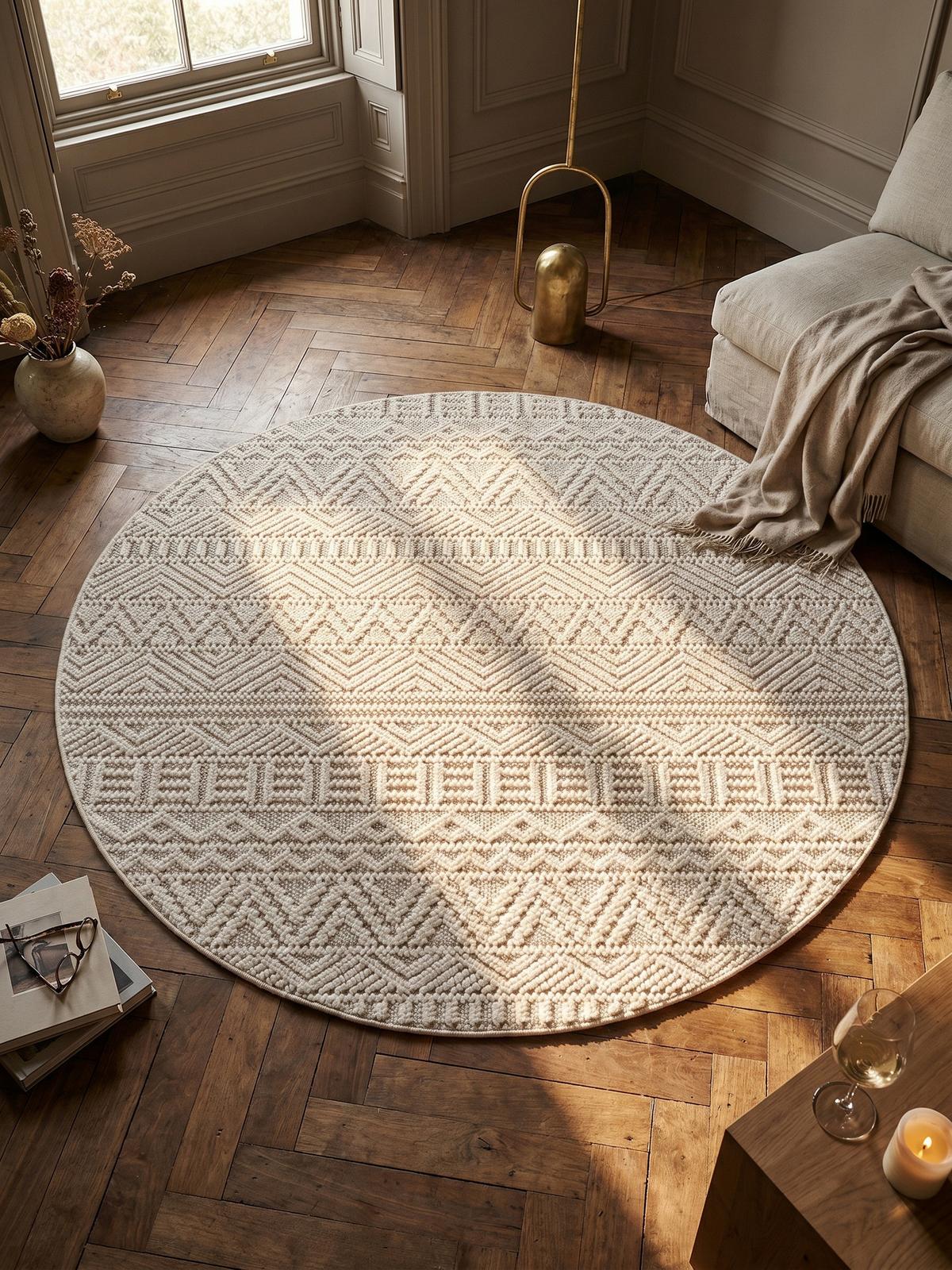 TEPPICH Flachgewebe LANGAU in Creme, mit Ethno-Streifen, Ø 120 cm - Creme, Textil (120/120cm) - KADIMA DESIGN