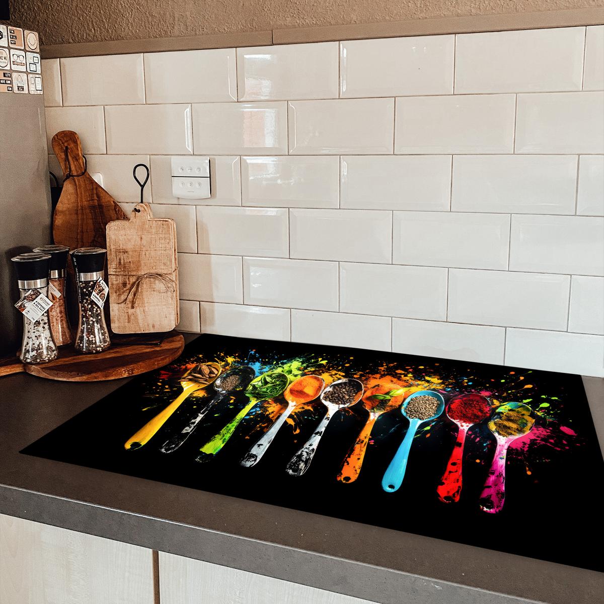 HERDABDECKPLATTE Löffel - Gewürze - Modern - Graffiti - Farbe - Farbenfroh Induktionsmatte 81x52 cm - Multicolor, Kunststoff (81/52/0.2cm) - MuchoWow