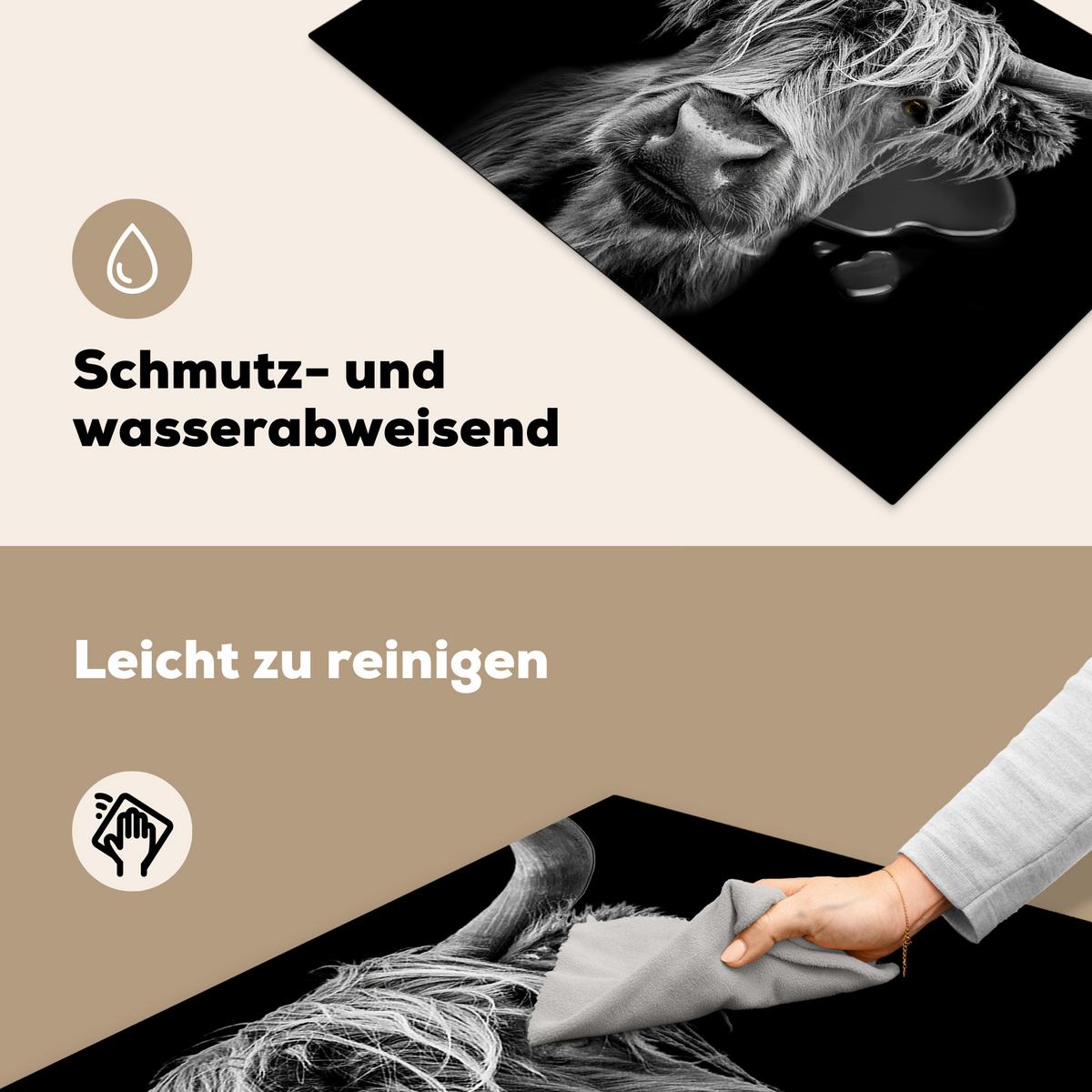 HERDABDECKPLATTE Schottischer Highlander - Hörner - Schwarz - Weiß - Kuh - Wild - Tiere Ceranfeldabdeckung 80x52 cm - Schwarz, Kunststoff (80/52/0.2cm) - MuchoWow