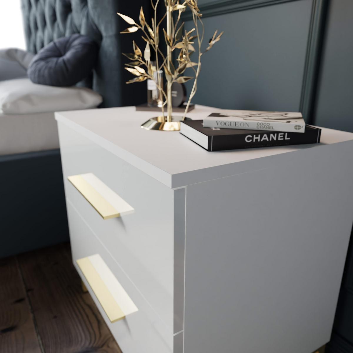 NACHTTISCH LINA GOLD mit Beinen, Hochglanz - Weiß, Holzwerkstoff (55/52/37cm) - Lookway