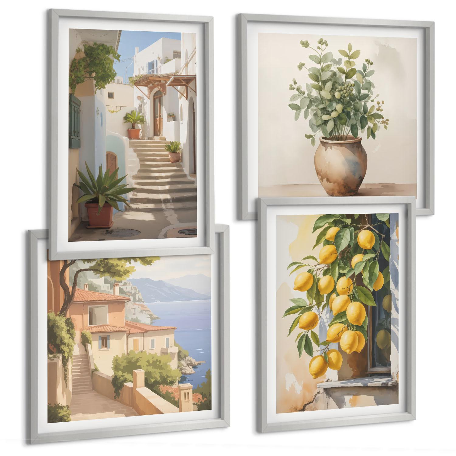 BILDER SET 4er Set - 50x50 cm & 40x60 cm Silberner Rahmen - Zitronenblumen im Topf, Straßen - Silberfarben, Kunststoff (50/50cm) - TULUP