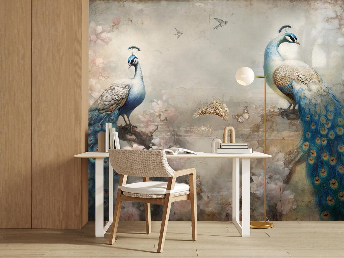 FOTOTAPETE Abstrakte Pfauen Blumen Beton Vintage 450x315 - Blau/Beige, Papier (450/315cm) - Muralo