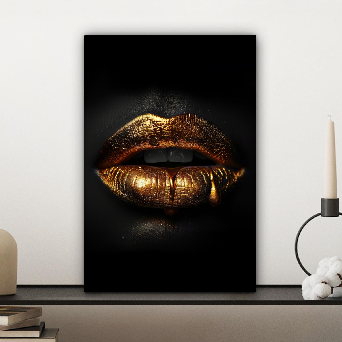 LEINWANDBILD Frau - Porträt - Lippen - Gold - Schwarz Deko Wohnzimmer 20x30 cm - Schwarz, Textil (20/30cm) - MuchoWow