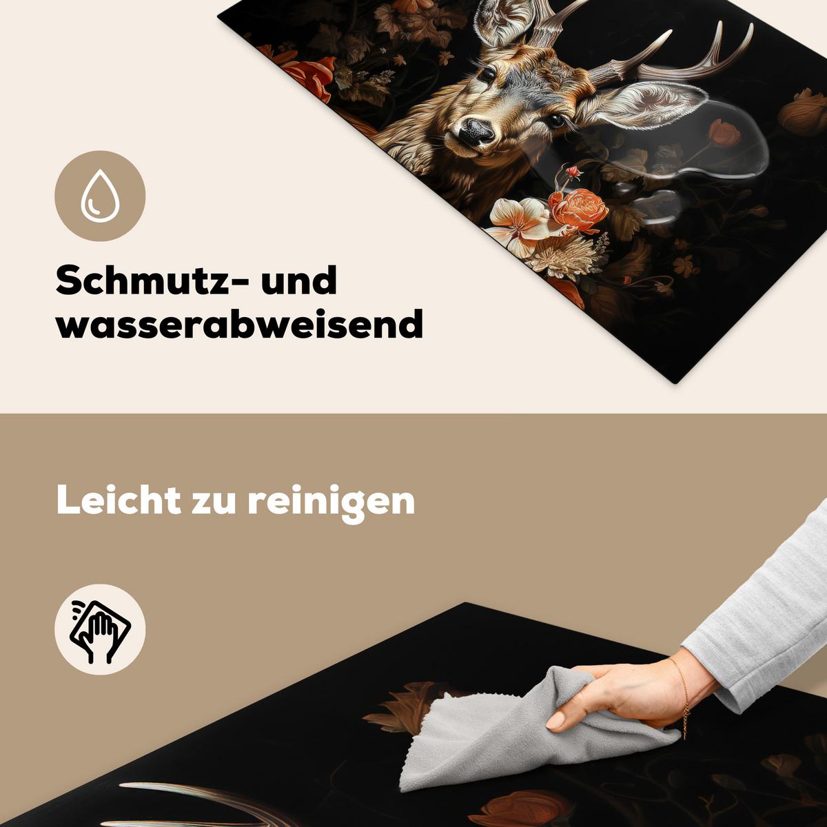 HERDABDECKPLATTE Hirsch - Tier - Blumen - Natur - Botanisch Induktionsschutz 89.6x51.6 cm - Kupferfarben, Kunststoff (89.6/51.6/0.2cm) - MuchoWow