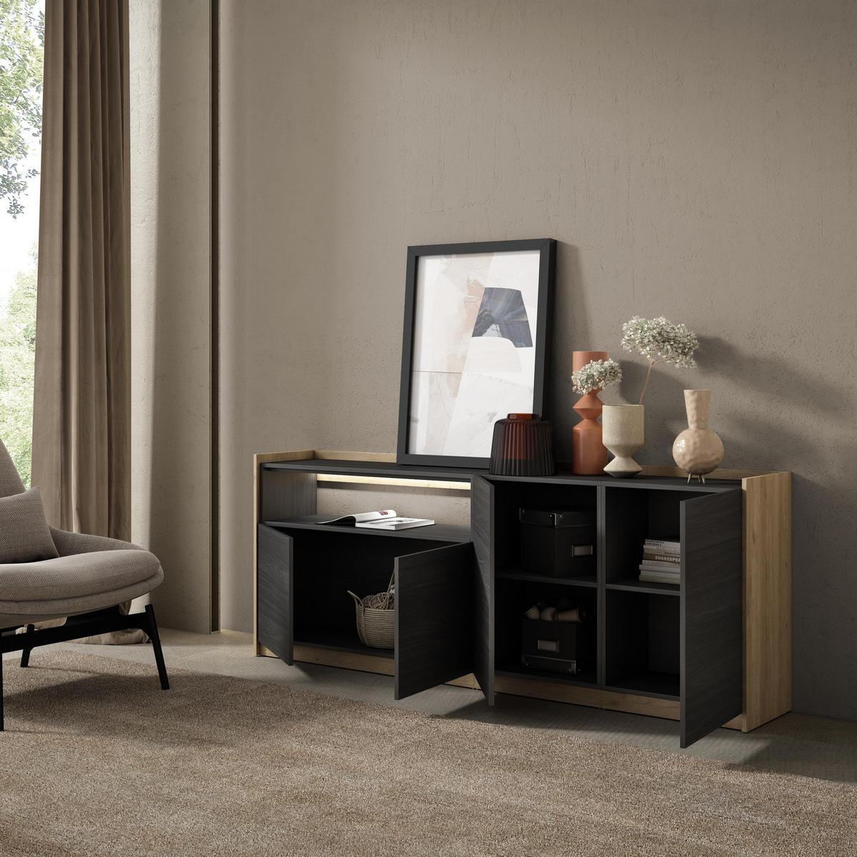 SIDEBOARD, Schwarz und Eiche, 207/37/80cm, mit Led - Schwarz, Holzwerkstoff (207/80/37cm) - Skraut Home
