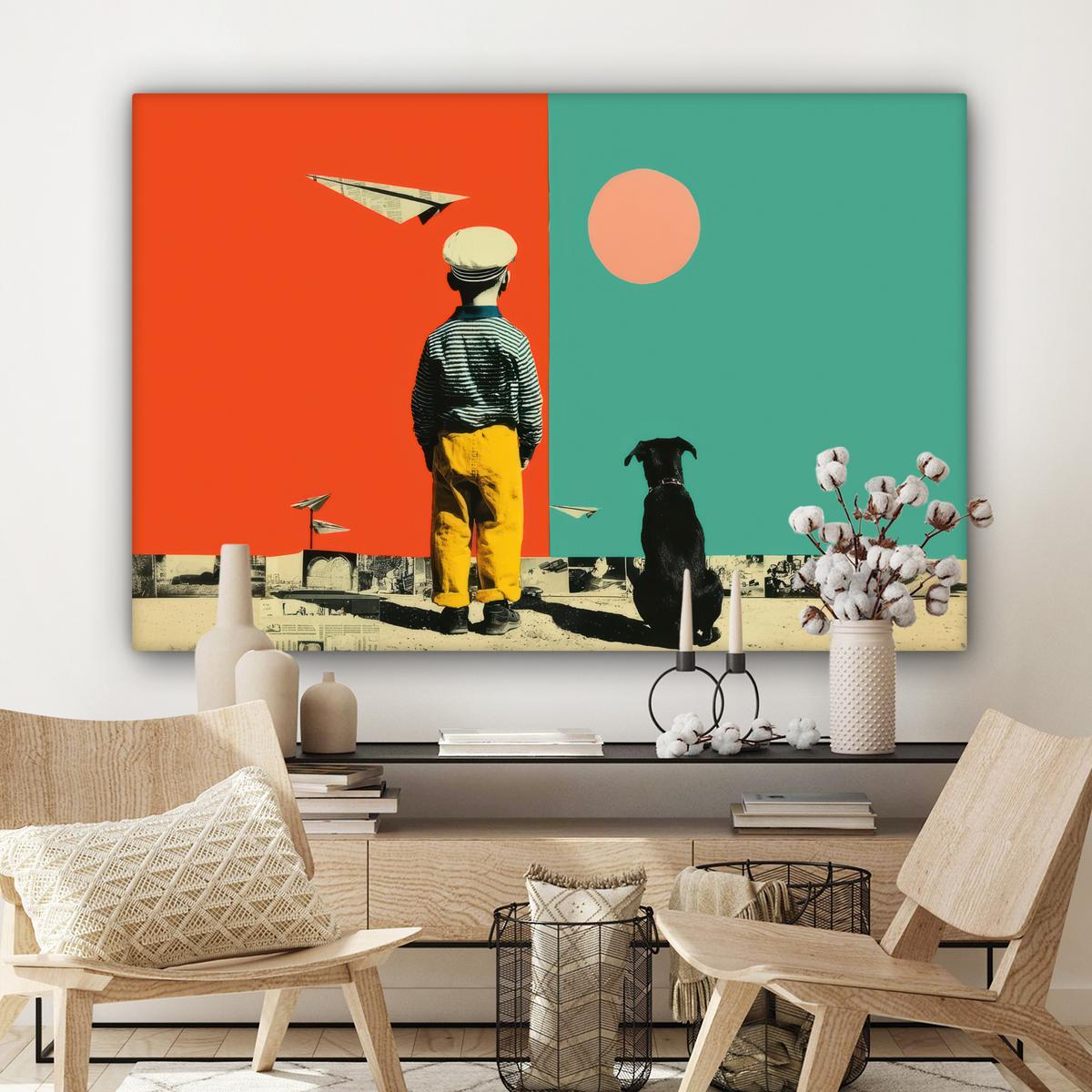 LEINWANDBILD Retro - Junge - Hund - Rot - Grün Wohnzimmer Groß 120x80 cm - Orange, Textil (120/80cm) - MuchoWow