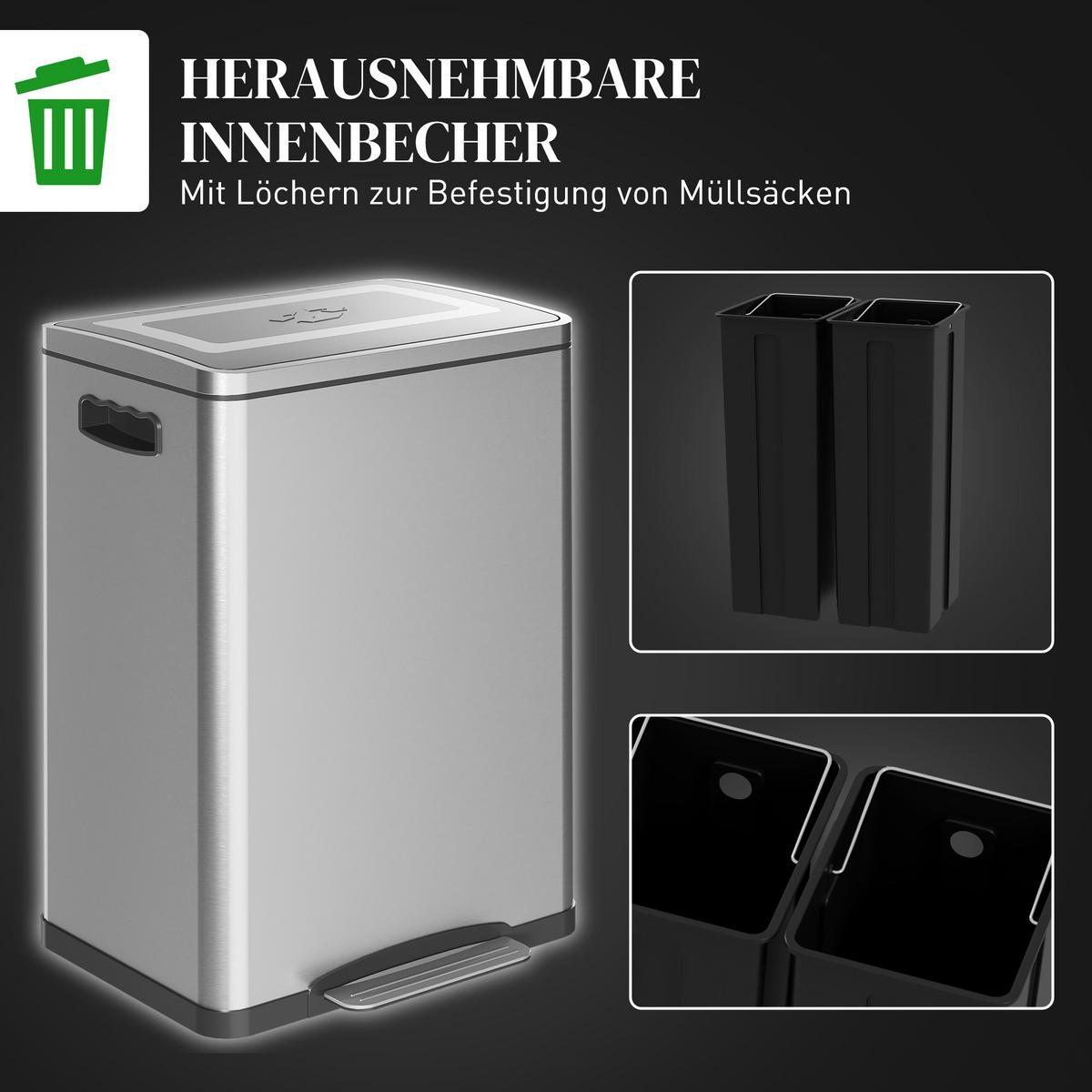 MÜLLEIMER 40L Edelstahl, Silber, 40 x 34,8 x 59 cm - Silberfarben, Kunststoff (34.8/59/70cm) - HOMCOM