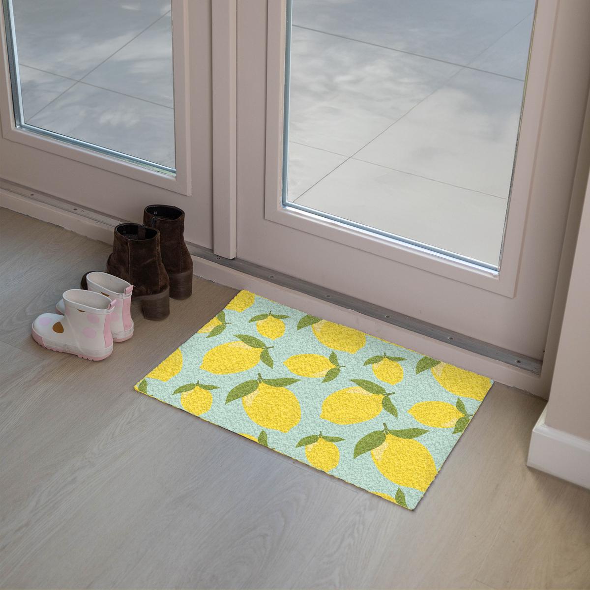 FUSSMATTE Muster Zitronen - Gelb - Blau - Muster - Früchte Flurteppich 60x40 cm - Gelb, Kunststoff (60/0.4cm) - MuchoWow