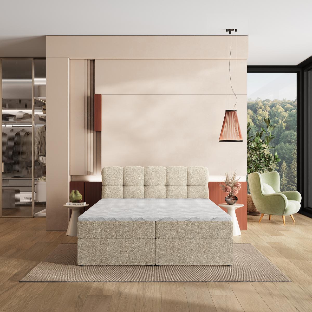 BOXBETT MERU 200x200 cm mit Matratze und Topper, H2+H3 - Creme - Creme, Holz (200/200cm) - MASSENO