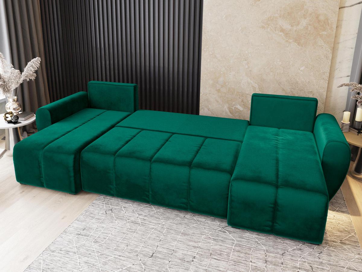 WOHNLANDSCHAFT MADISON U Grün Plüsch-Stoff mit Schlaffunktion - Schwarz/Grün, Holz/Kunststoff (311/82/145cm) - MASSENO
