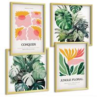 BILDER SET 4er Set - 50x50 cm & 40x60 cm Goldrahmen - Blumen und Blätter – moderne Poster - Goldfarben, Kunststoff (50/50cm) - TULUP