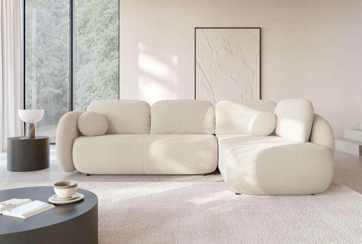 ECKSOFA AMICO II R-S Creme Geflochtener Stoff mit Schlaffunktion - Creme, Holz (289/190cm) - MASSENO