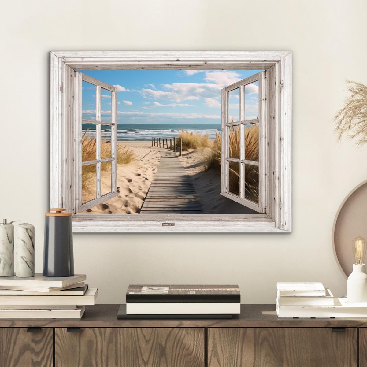METALLBILD Fenster - Meer - Küste - Natur - Ausblick - Strand - Wattenmeer 40x30 cm - Beige, Metall (40/30cm) - MuchoWow