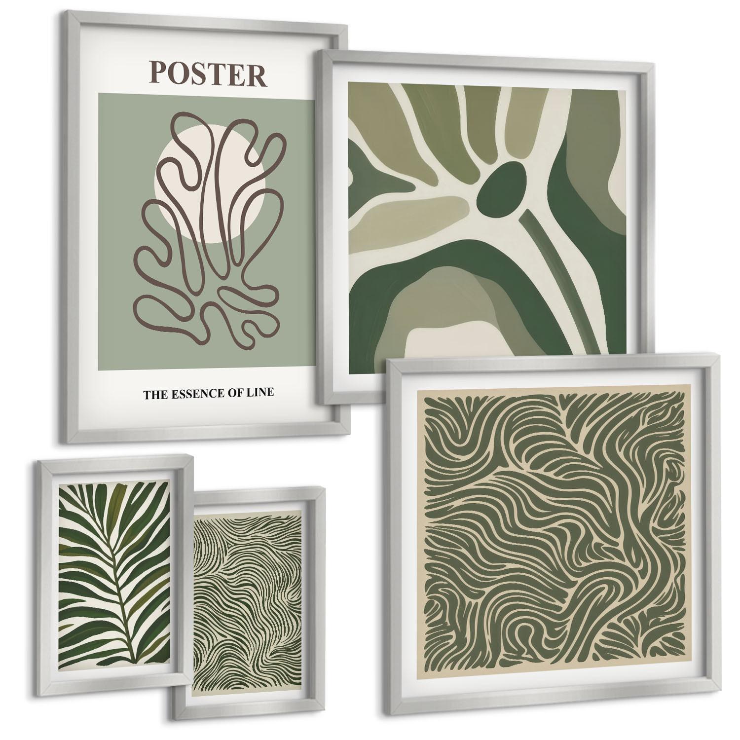 BILDER SET 5er Set - 50x50 cm & 20x30 cm & 40x60 cm Silberner Rahmen - Blattmuster und wellenförmige Formen - Silberfarben, Kunststoff (40/60cm) - TULUP