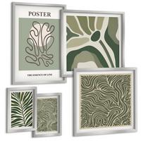 BILDER SET 5er Set - 50x50 cm & 20x30 cm & 40x60 cm Silberner Rahmen - Blattmuster und wellenförmige Formen - Silberfarben, Kunststoff (40/60cm) - TULUP