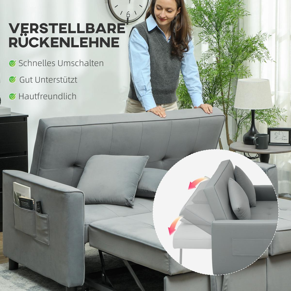 SCHLAFSOFA, 2-Sitzer Sofa mit Schlaffunktion, Verstellbare Rückenlehne, Rollen - Grau, Metall (90.5/89/140.5cm) - HOMCOM