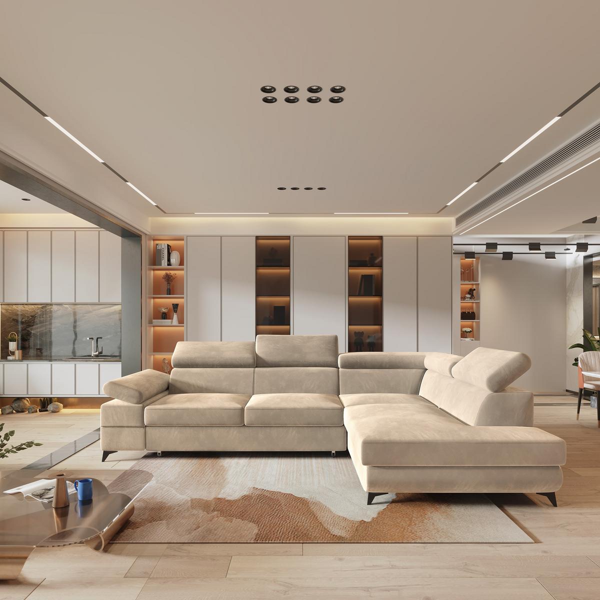 ECKSOFA FAVIEN R-S Creme Velours-Stoff mit Schlaffunktion - Creme, Holz (257/190cm) - MASSENO