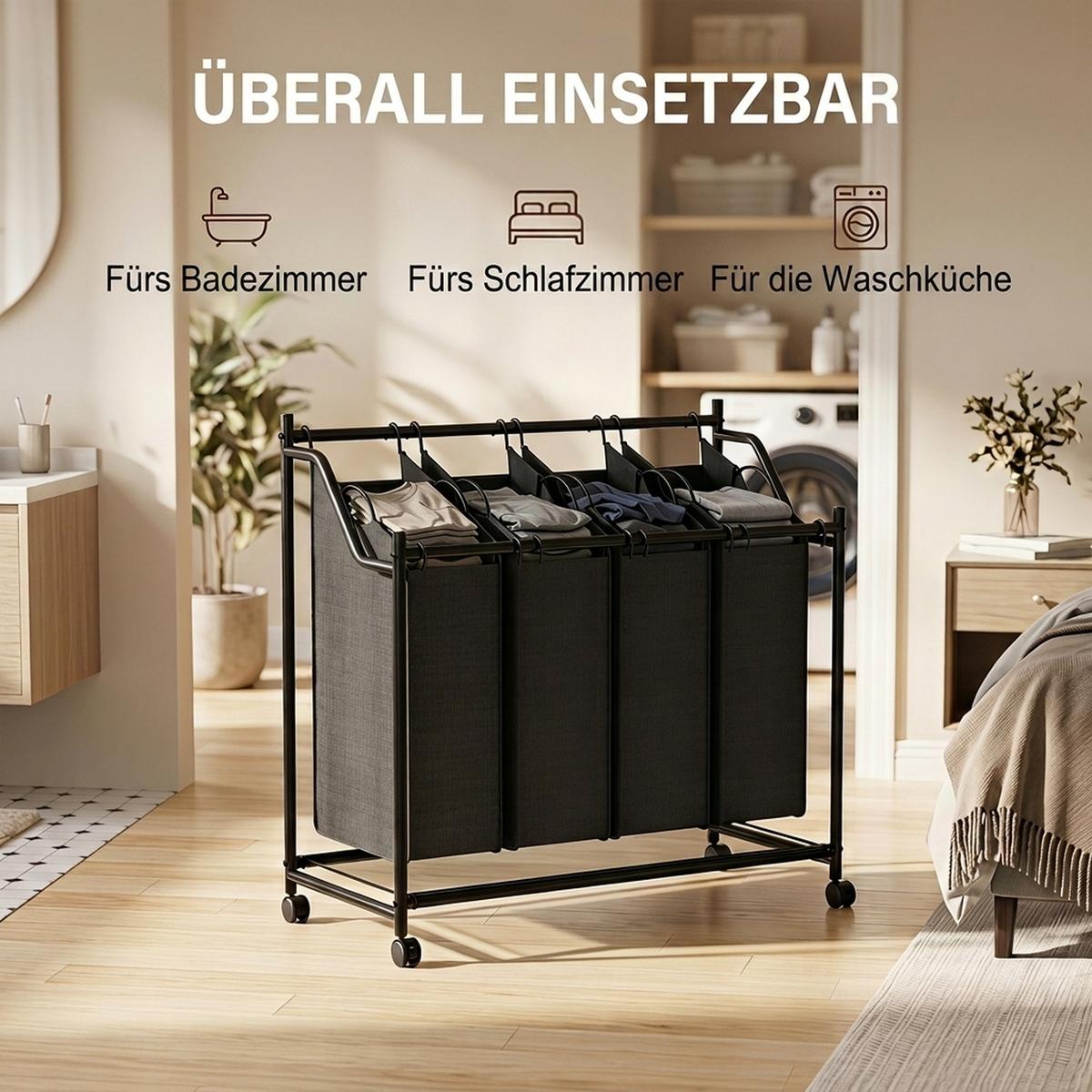 WÄSCHESAMMLER 4er Set Stahl Polyestergewebe Schwarz - Schwarz, Kunststoff/Textil (38/82/86cm) - HOMCOM