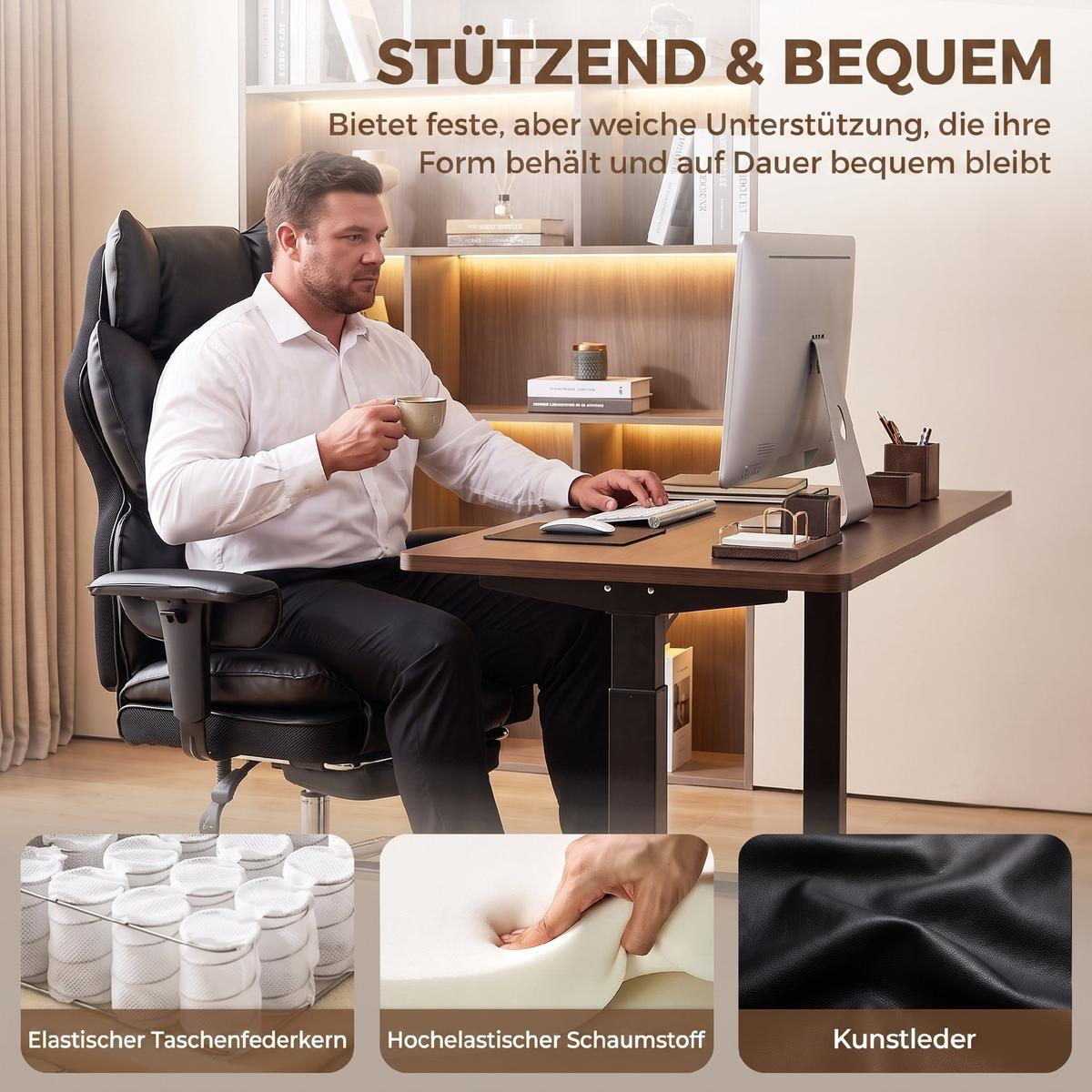 SCHWERLAST-BÜROSTUHL Kunstleder Schwarz - Silberfarben/Schwarz, Leder/Holzwerkstoff (67/130/80cm) - HOMCOM