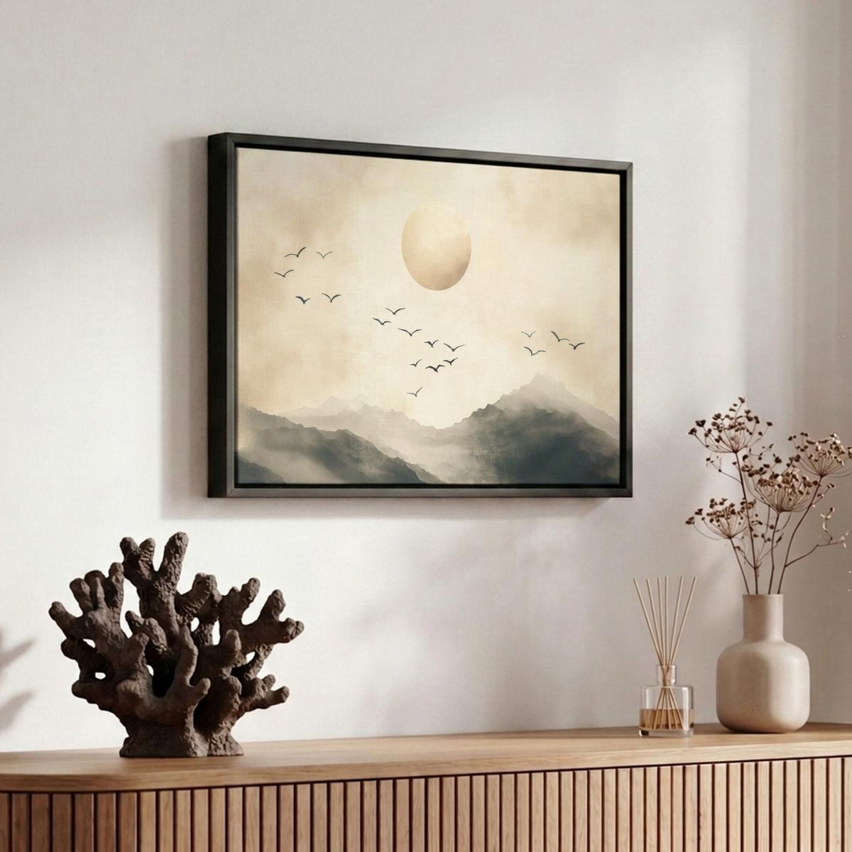 LEINWAND Bilder mit Rahmen - Landschaft - Japandi - Vogel - 30x20 - Beige, Textil (30/20cm) - MuchoWow