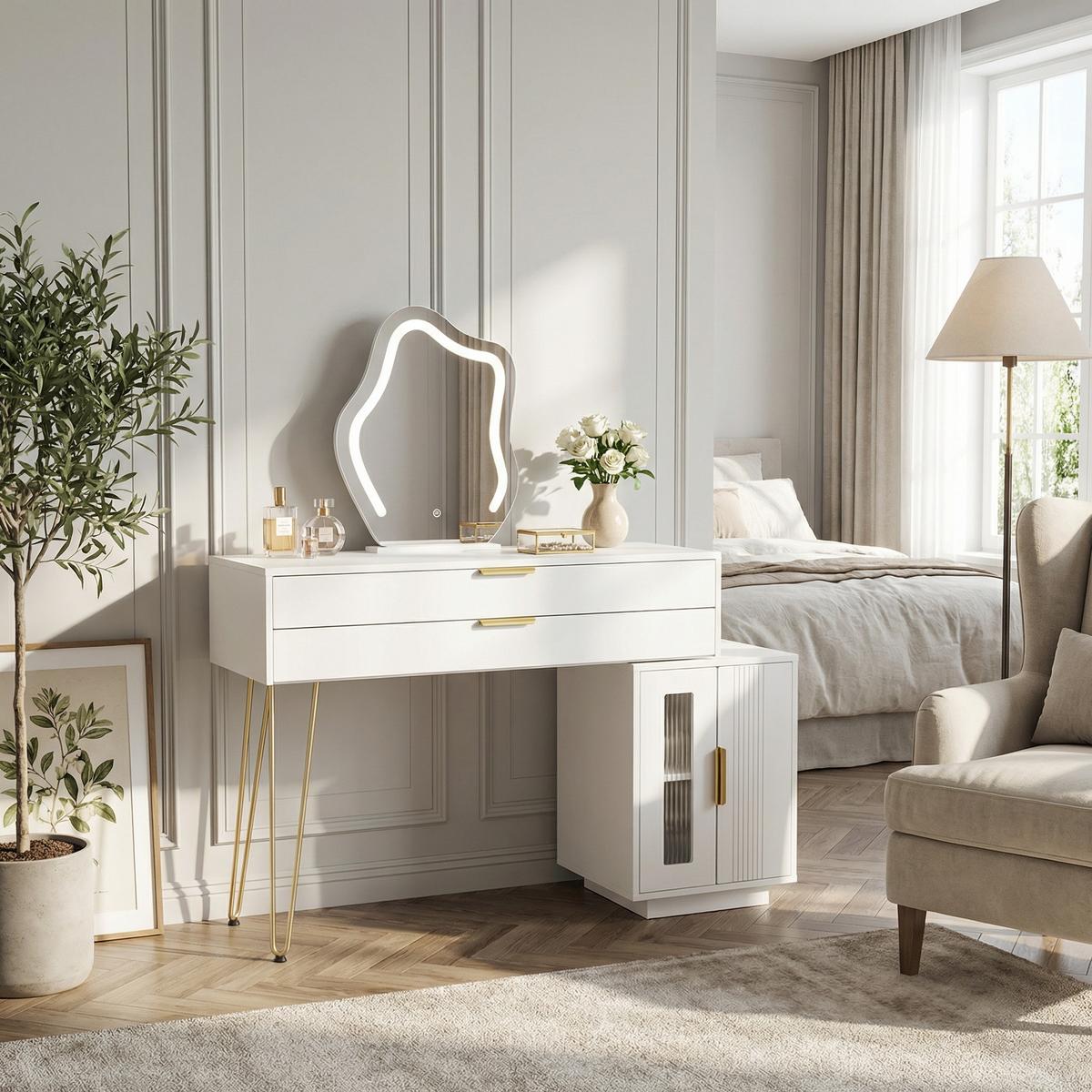 SCHMINKTISCH in Weiß mit LED-Spiegel & Seitenschrank - Weiß, Holzwerkstoff (100/78/40cm) - Urban Meuble