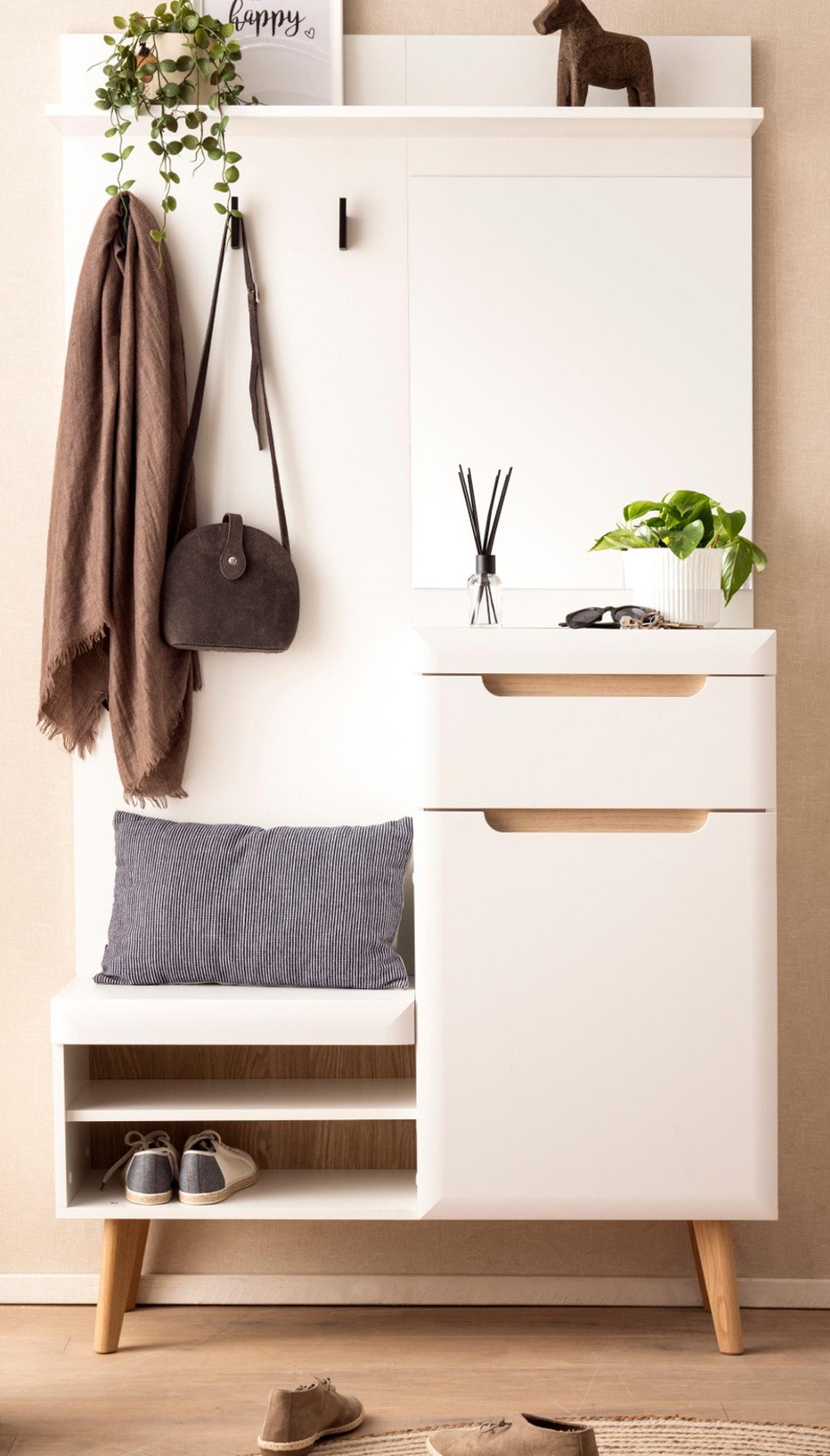 GARDEROBEN-SET weiß matt, Eiche, Kompaktgarderobe skandinavisch 110x197 cm - Eichefarben/Weiß, Glas/Holz (107/197/34cm) - Furn.Design
