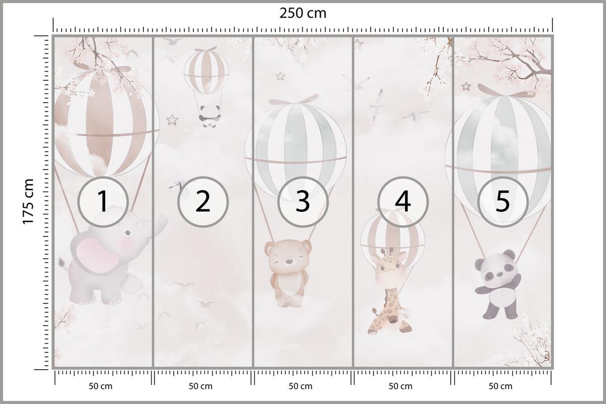FOTOTAPETE für Kinderzimmer Tiere Himmel Elefant Giraffe Panda Vögel Ballons 250x175 - Multicolor, Papier (250/175cm) - Muralo