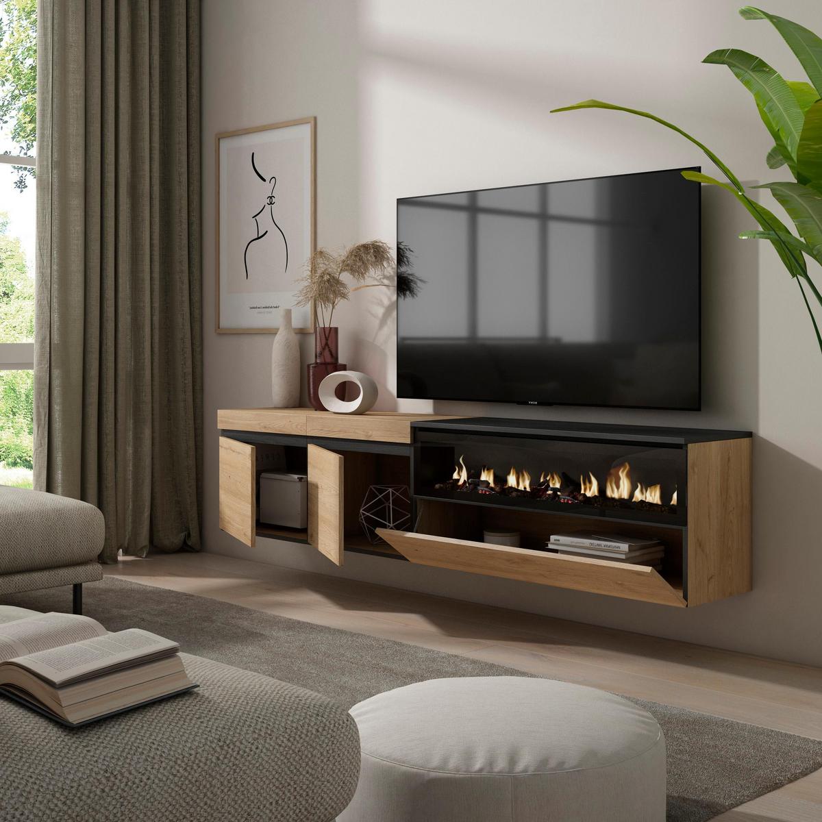 LOWBOARD mit Elektrokamin, Hängend, Eiche, Schwarz, 200/35/45cm - Naturfarben, Holzwerkstoff (200/45/35cm) - Skraut Home