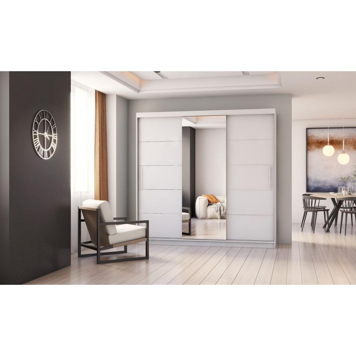 SCHWEBETÜRENSCHRANK Alba Weiß/Weiß + Spiegel, mit LED-Beleuchtung 250 cm - Alufarben/Weiß, Glas/Holzwerkstoff (250/218/61cm) - imoebel24