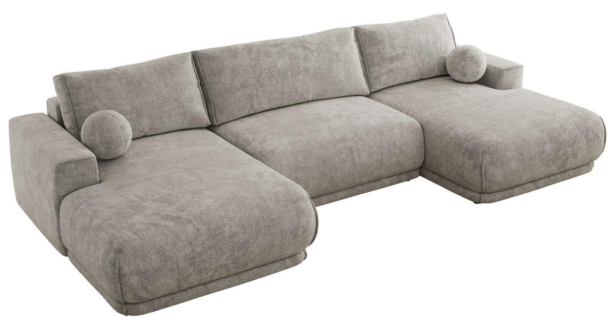 WOHNLANDSCHAFT RINA U Hellgrau Schenille grob gewebt - Hellgrau/Schwarz, Kunststoff/Textil (360/85/170cm) - MKS