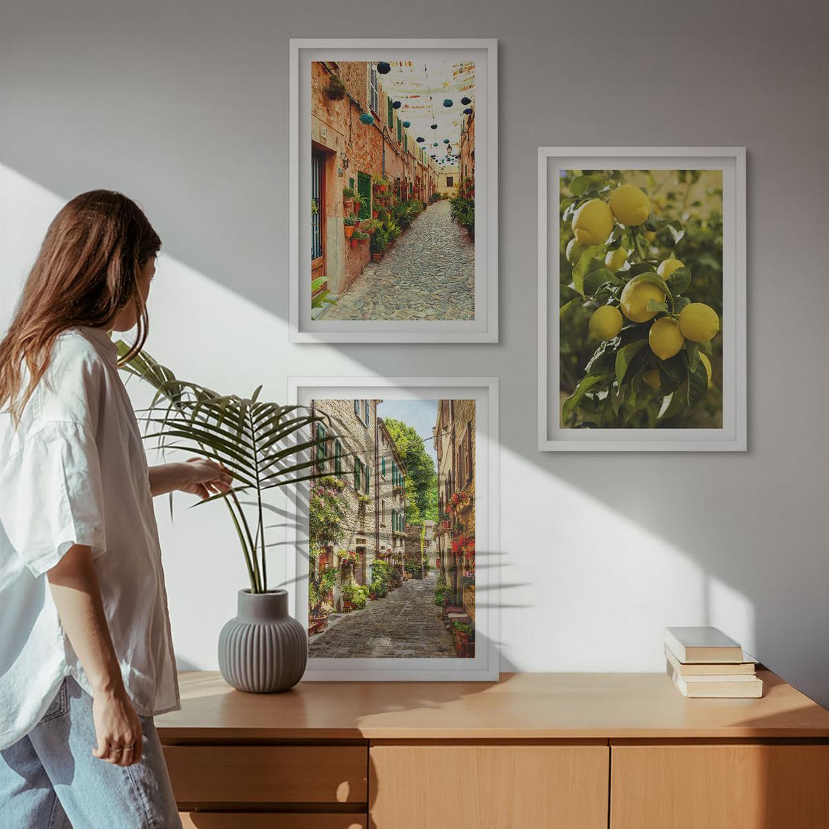 BILDER SET 3er Set - 40x60 cm Weißer Rahmen - Straßen mit Zitronenblüten im Hintergrund - Weiß, Kunststoff (40/60cm) - TULUP