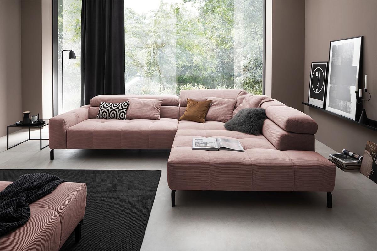 ECKSOFA MIT MOTORISCHEM SITZVORZUG OHIO Pink Cord Relaxfunktion - Schwarz/Rosa, Textil/Metall (311/219cm) - KAWOLA