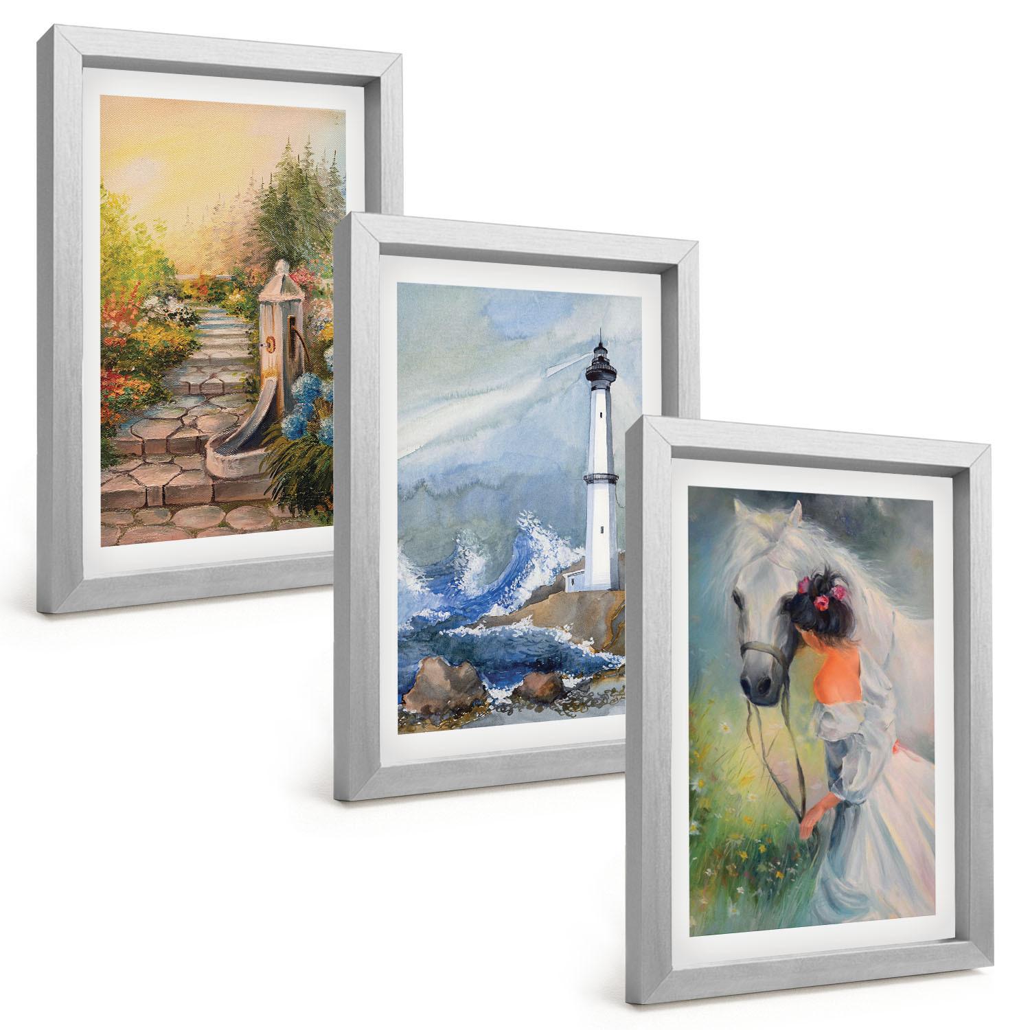 BILDER SET 3er Set - 20x30 cm Silberner Rahmen - Landschaft Leuchtturm Pferd Mädchen - Silberfarben, Kunststoff (20/30cm) - TULUP