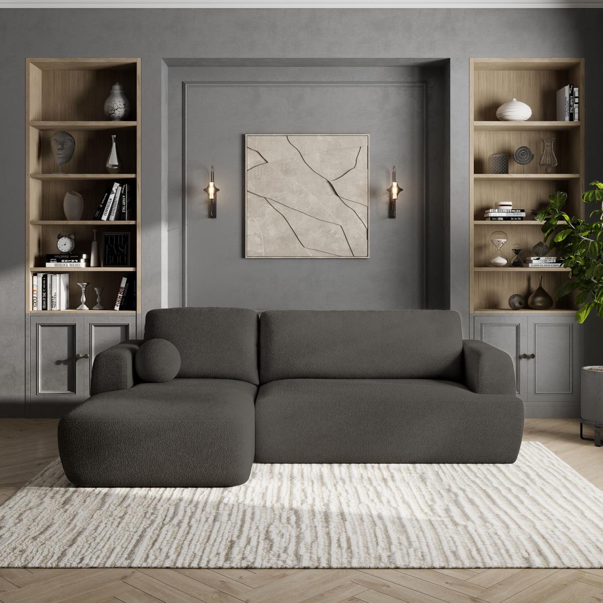ECKSOFA SENTI N L-S Grau Boucle-Stoff mit Schlaffunktion - Schwarz/Grau, Holz/Kunststoff (246/148cm) - MASSENO