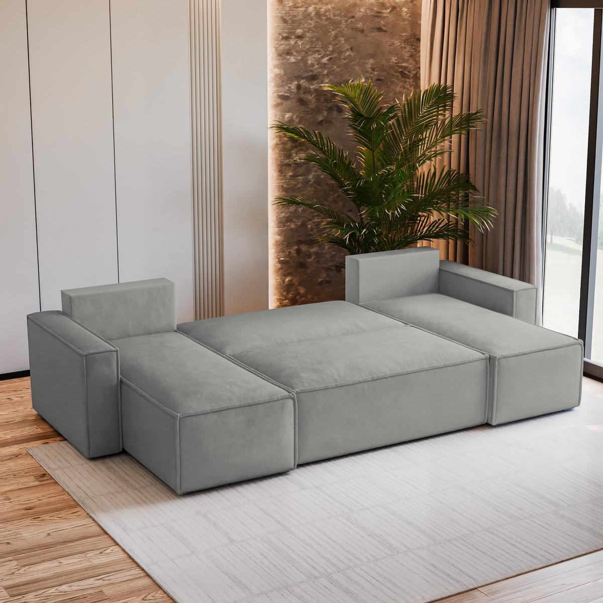 WOHNLANDSCHAFT PESANO M Hellgrau Velours-Stoff mit Schlaffunktion - Hellgrau, Holz (306/85/140cm) - MASSENO
