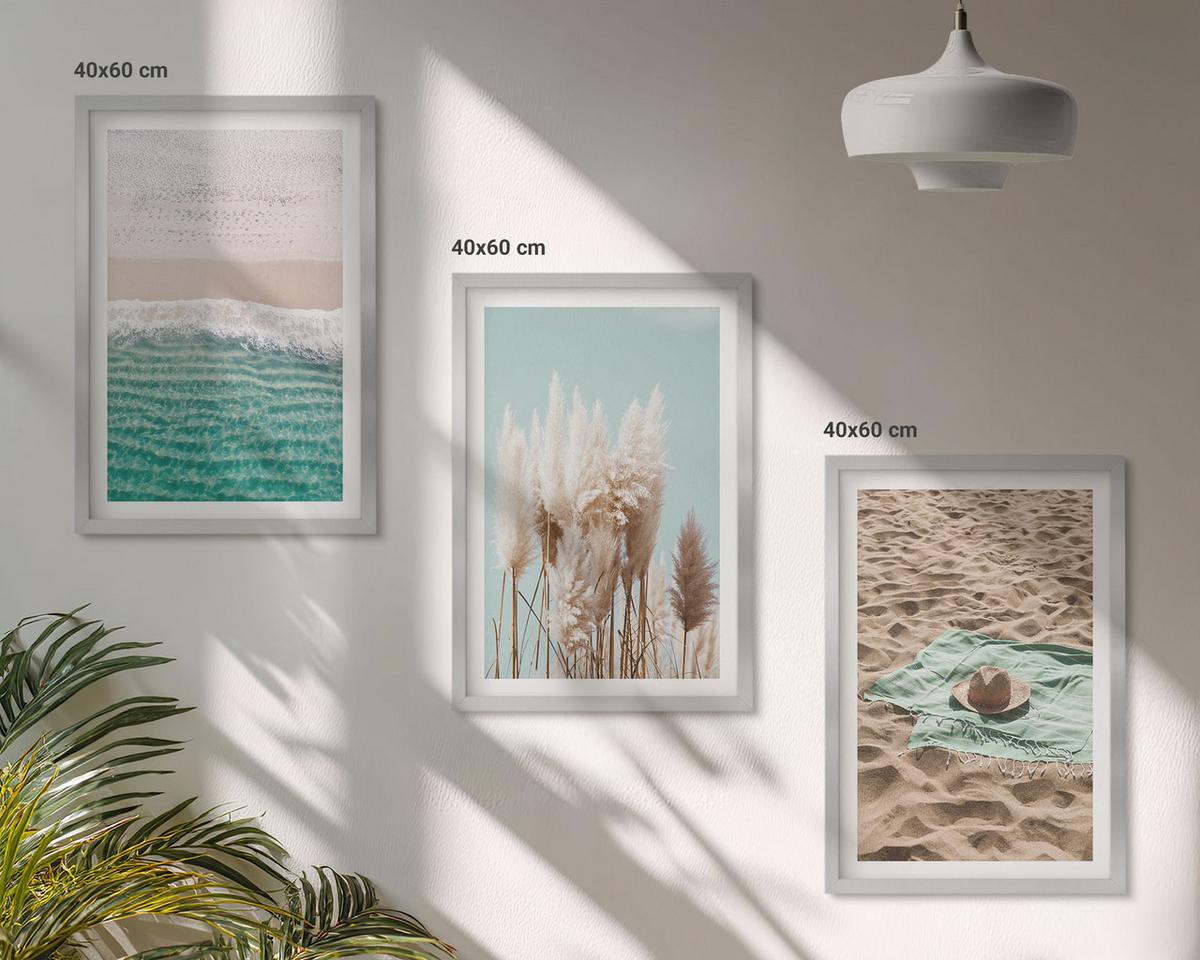 BILDER SET 3er Set - 40x60 cm Silberner Rahmen - Strandwellen Grashut - Silberfarben, Kunststoff (40/60cm) - TULUP