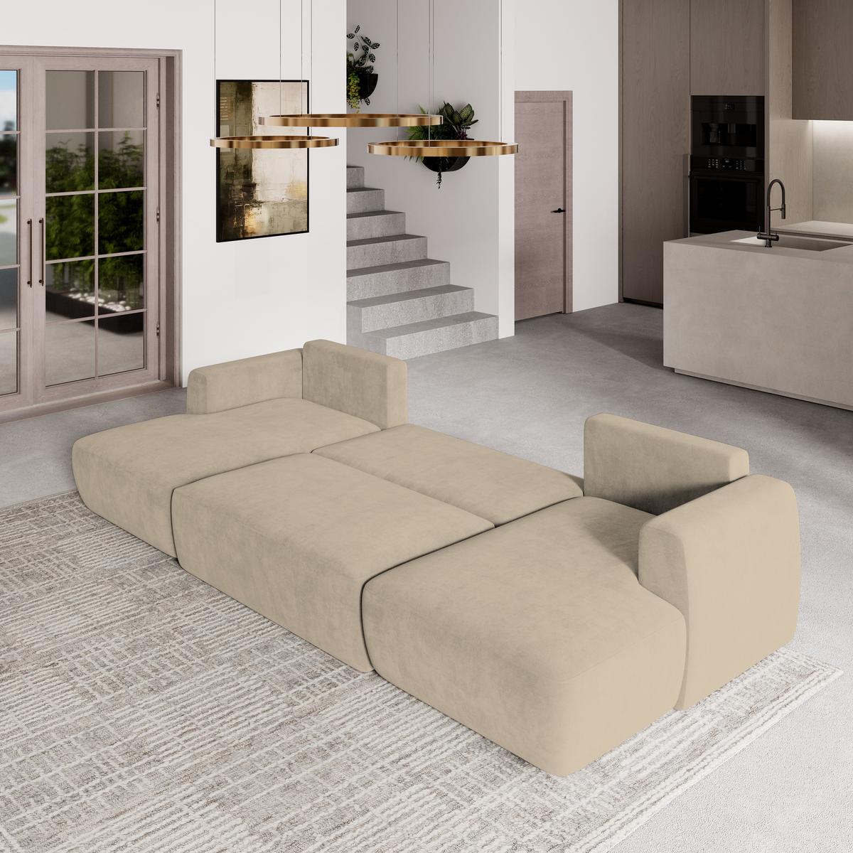 WOHNLANDSCHAFT SENTUM K Beige Plüsch-Stoff mit Schlaffunktion - Beige/Schwarz, Holz/Kunststoff (330/90/148cm) - MASSENO