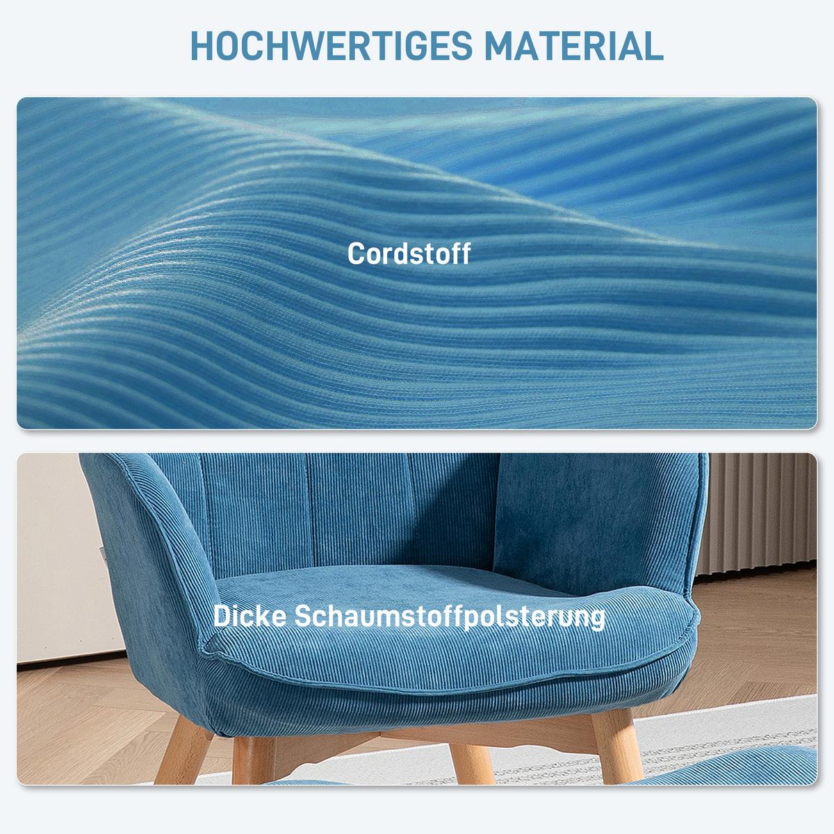 SESSEL mit Hocker, Ohrensessel mit Hoher Rückenlehne, Holzbeine, Cord, Blau - Blau/Buchefarben, Buchenholz/Textil (80/101/72cm) - HOMCOM