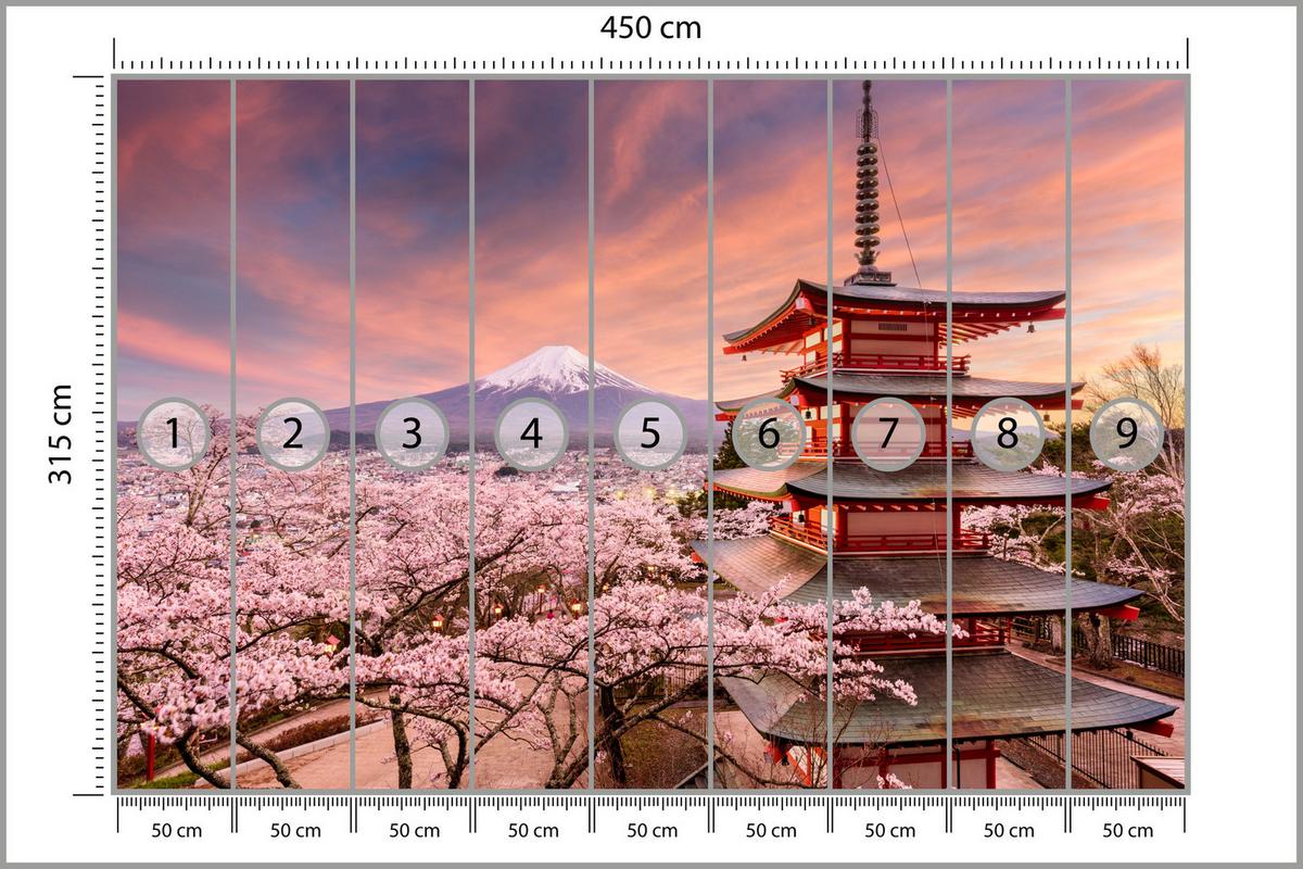 FOTOTAPETE Pagode Berg Fuji Sakura Landschaft 3D 450x315 - Rot/Violett, Papier (450/315cm) - Muralo