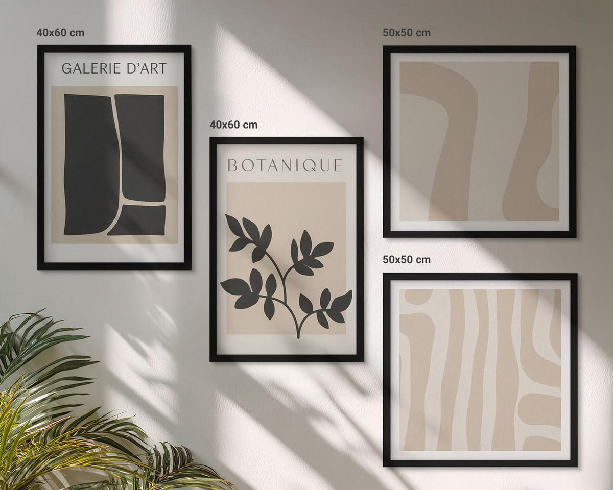 BILDER SET 4er Set - 50x50 cm & 40x60 cm Schwarzer Rahmen - Abstrakte Pflanzenmotive - Schwarz, Kunststoff (50/50cm) - TULUP