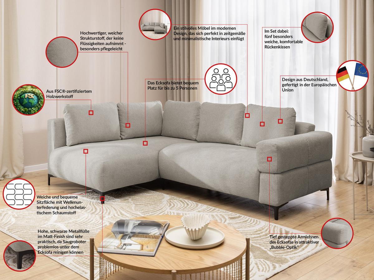 ECKSOFA inkl. Hocker Cardea mit Schlaffunktion in Bubble-Optik aus weichem Taupe Strukturstoff und hohem Sitzkomfort - Ottomane links - Taupe/Schwarz, Holz/Textil (170/230cm) - S-Style Möbel