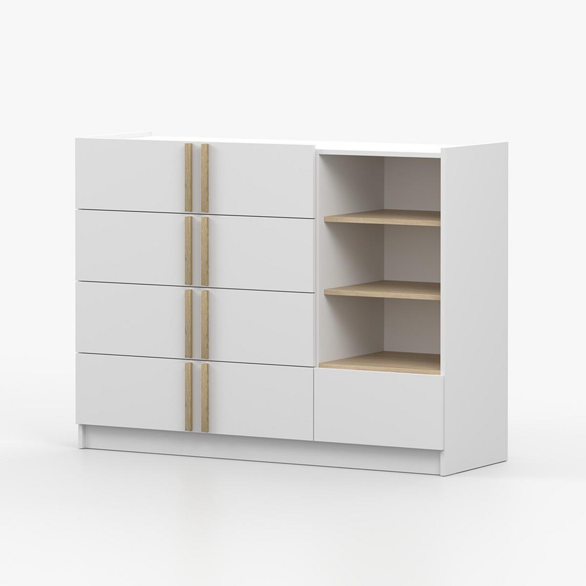KOMMODE SEVILLA 5S 90 cm Weiß/Weiß, fünf Schubladen, Holzgriffe - Buchefarben/Weiß, Holzwerkstoff (135/96/47cm) - imoebel24
