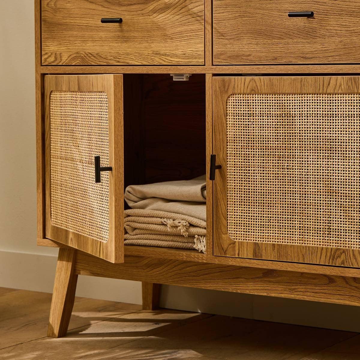 KOMMODE mit 2 Türen und 2 SchubladenFronten aus Rattan 39/79/90 cm - Eschefarben, Holzwerkstoff (90/79/45cm) - Calicosy